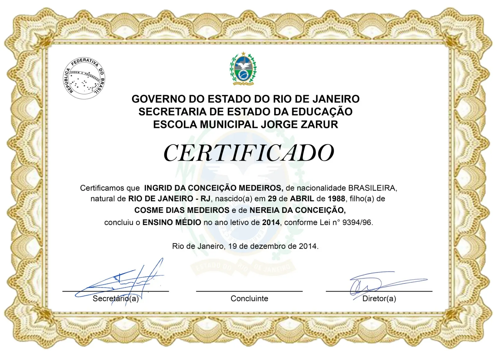 Exemplo da frente de certificado de conclusão do Ensino Médio