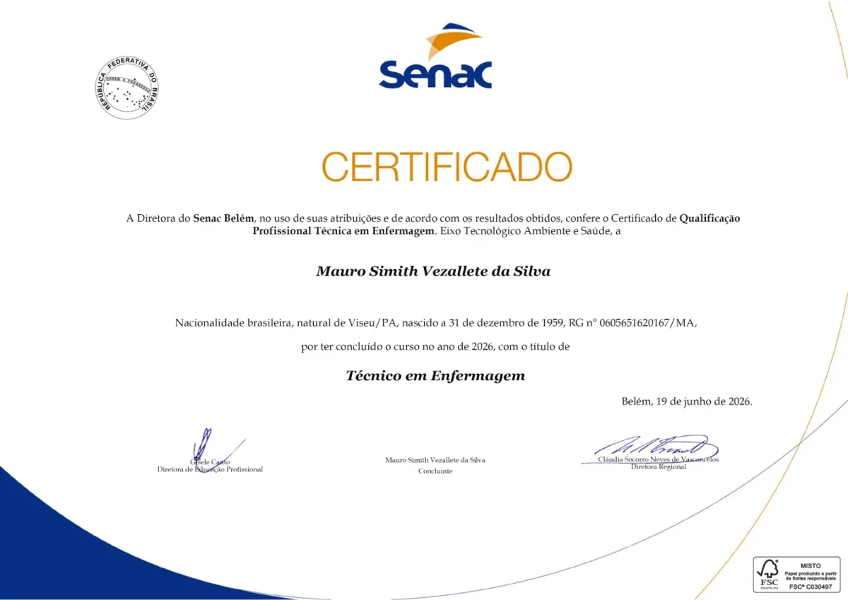 Exemplo de certificado de qualificação profissional Técnico em Enfermagem