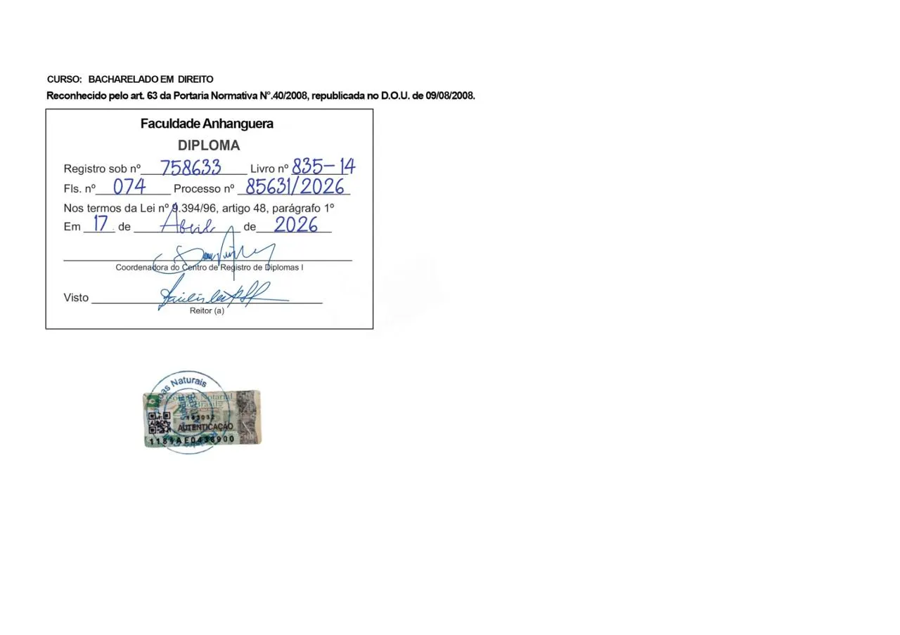 Segundo exemplo do verso e registros de diploma de bacharelado em Direito