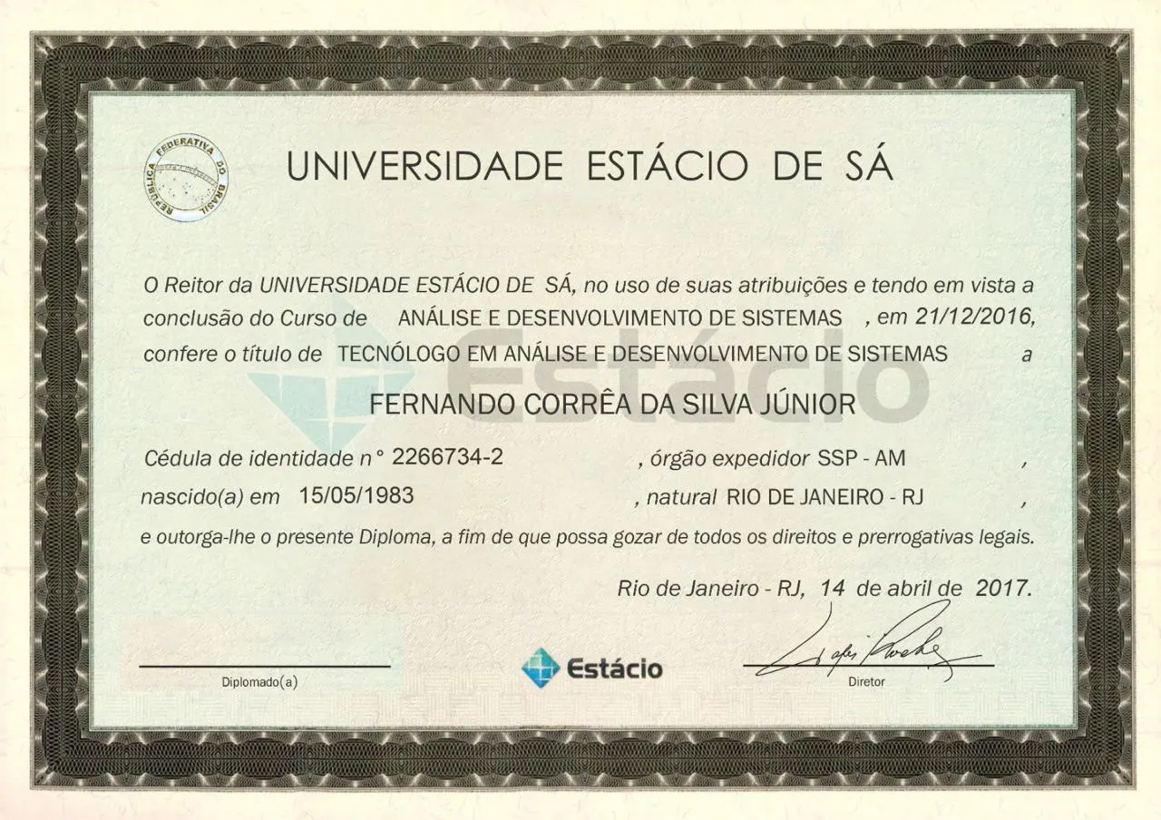 Exemplo da frente de diploma de Análise e Desenvolvimento de Sistemas