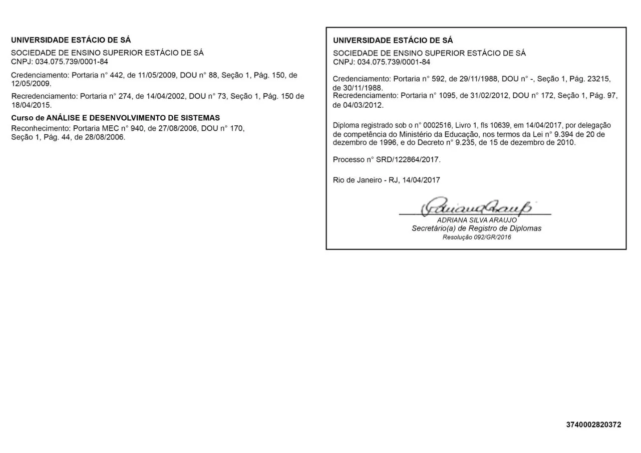 Exemplo do verso e registros de diploma de Análise e Desenvolvimento de Sistemas