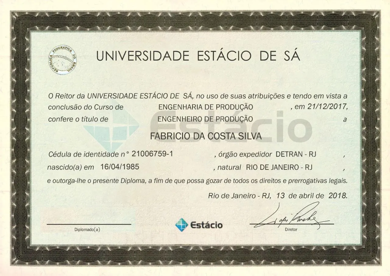 Segundo exemplo da frente de diploma de Engenharia de Produção