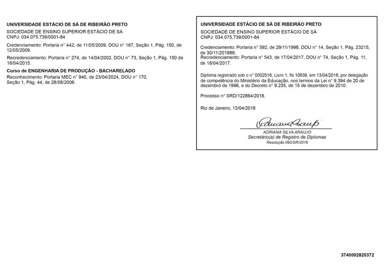 Segundo exemplo do verso e registros de diploma de Engenharia de Produção