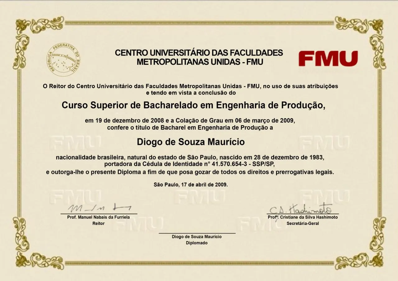 Exemplo da frente de diploma de Engenharia de Produção