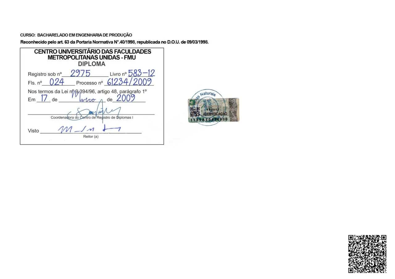 Exemplo do verso e registros de diploma de Engenharia de Produção