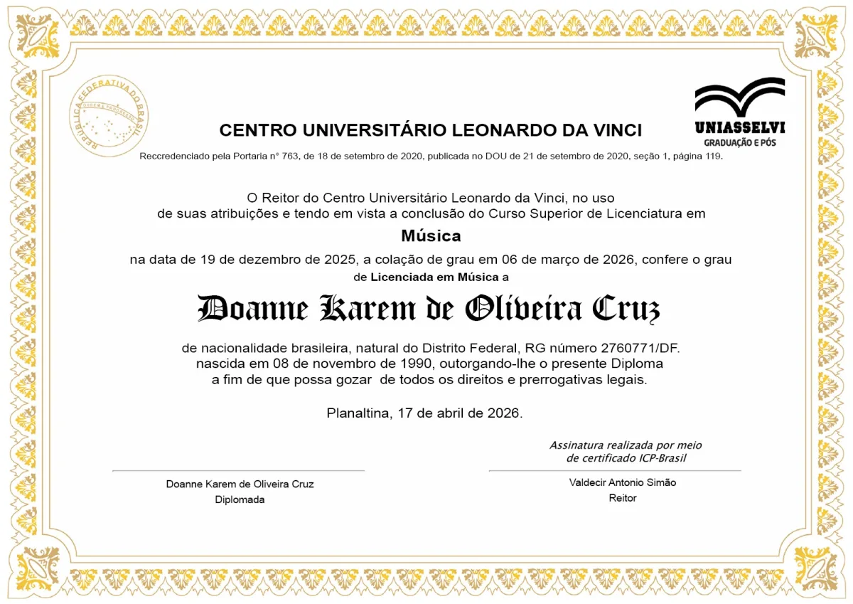 Exemplo de diploma de Licenciatura em Música emitido por centro universitário