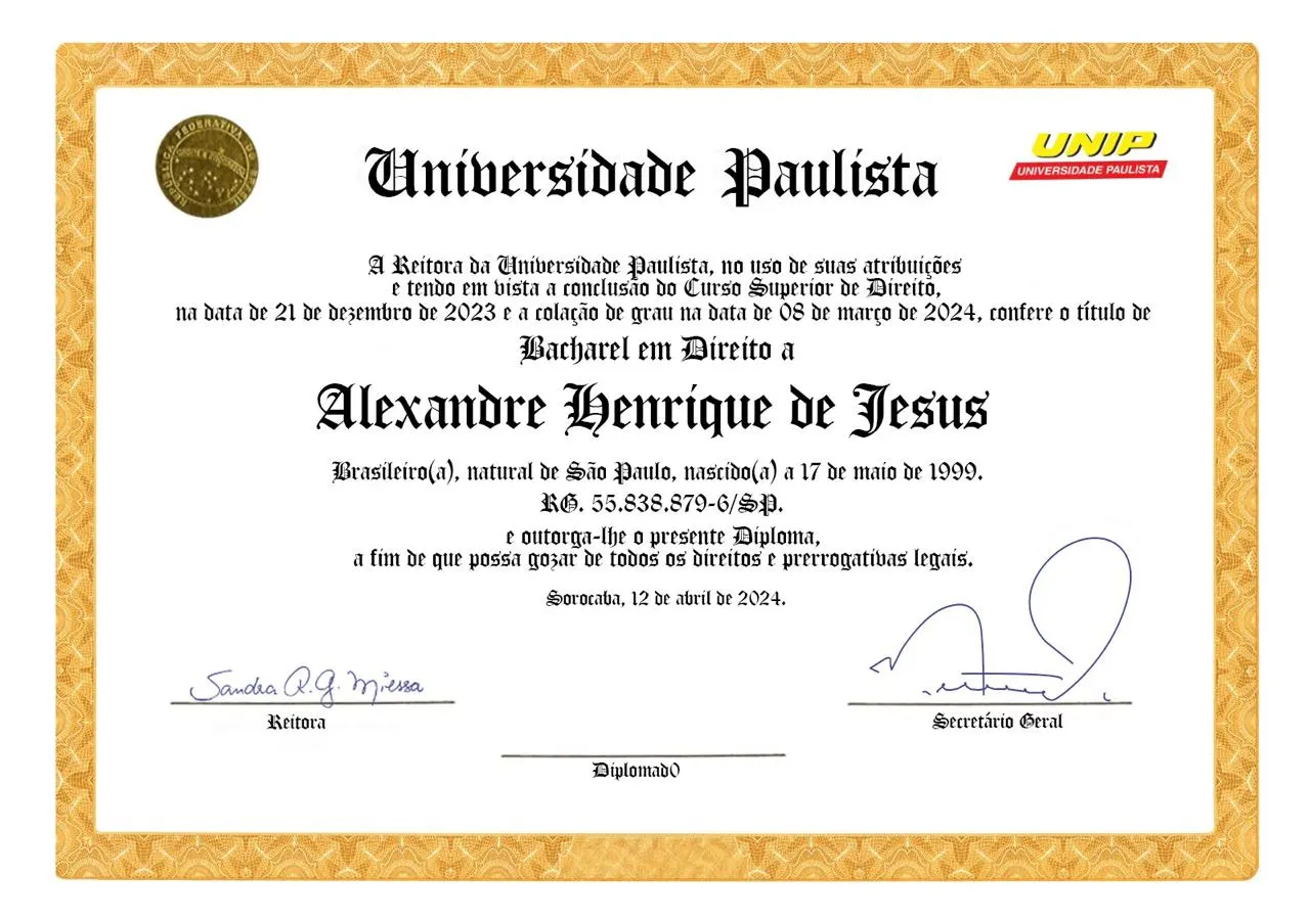 Exemplo da frente de diploma de bacharelado em Direito