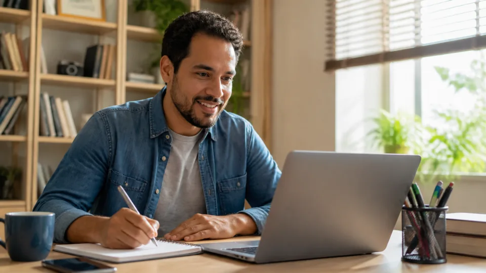 Estudante universitário participando de aula online em espaço de estudos