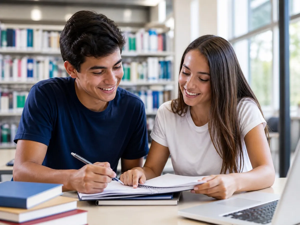 Estudantes do ensino médio estudando juntos em uma biblioteca