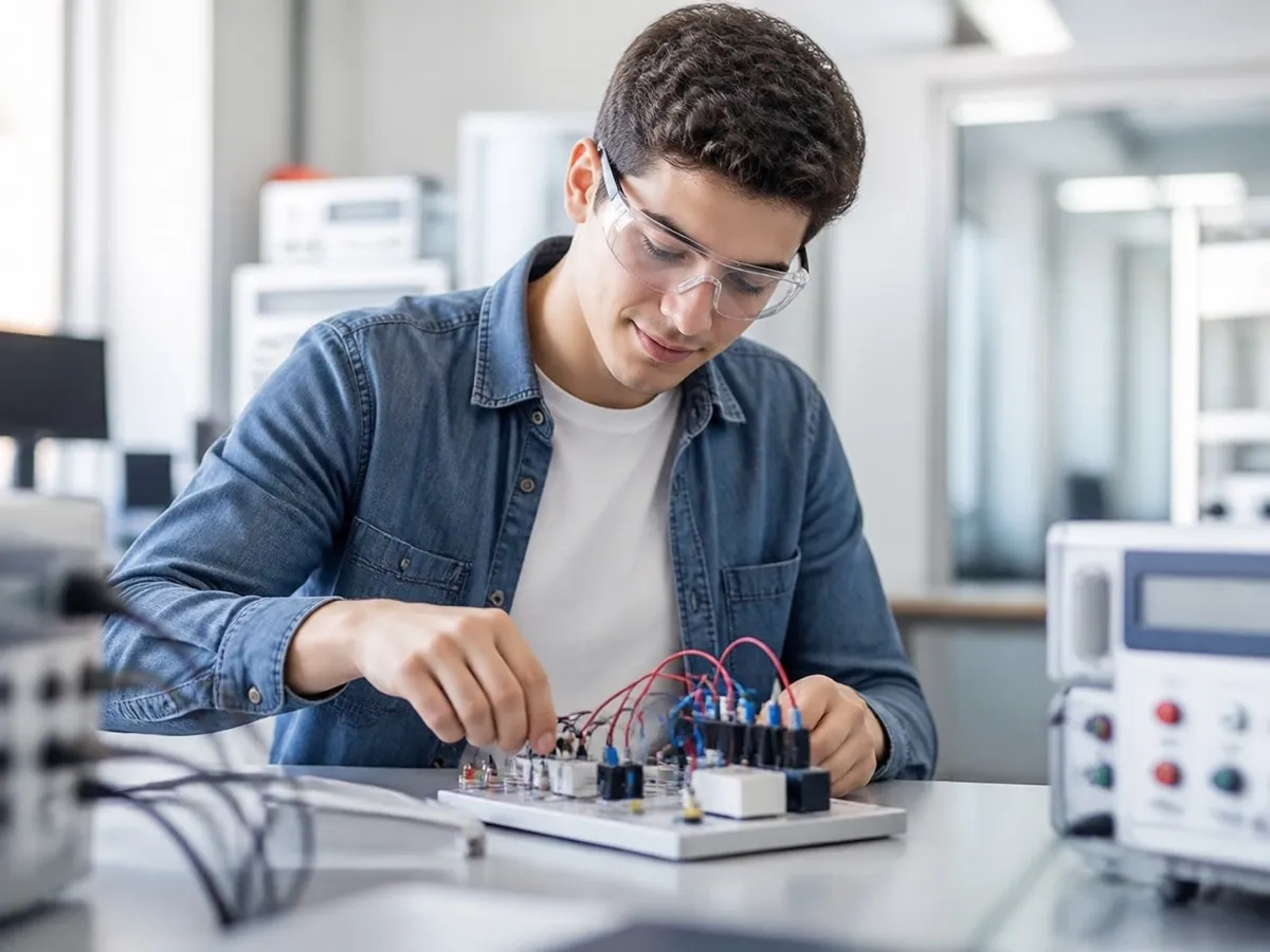 Estudante de curso técnico trabalhando em laboratório de eletrônica